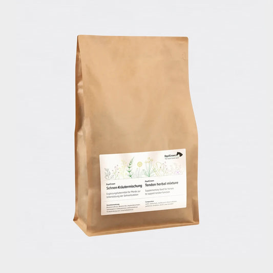 Produktbild der EquiCrown Sehnen-Kräutermischung Verpackung auf grauem Hintergrund