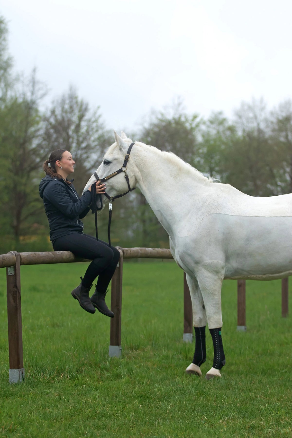 Frau sitzt auf einem Holzhauen, neben ihr steht ihr Schimmel mit EquiCrown Kompressionsbandagen. Sie schauen sich in die Augen und die Frau hält dabei seinen Kopf.