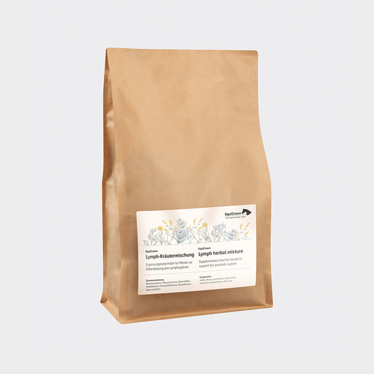 Produktbild der EquiCrown Lymph-Kräutermischung Verpackung auf grauem Hintergrund