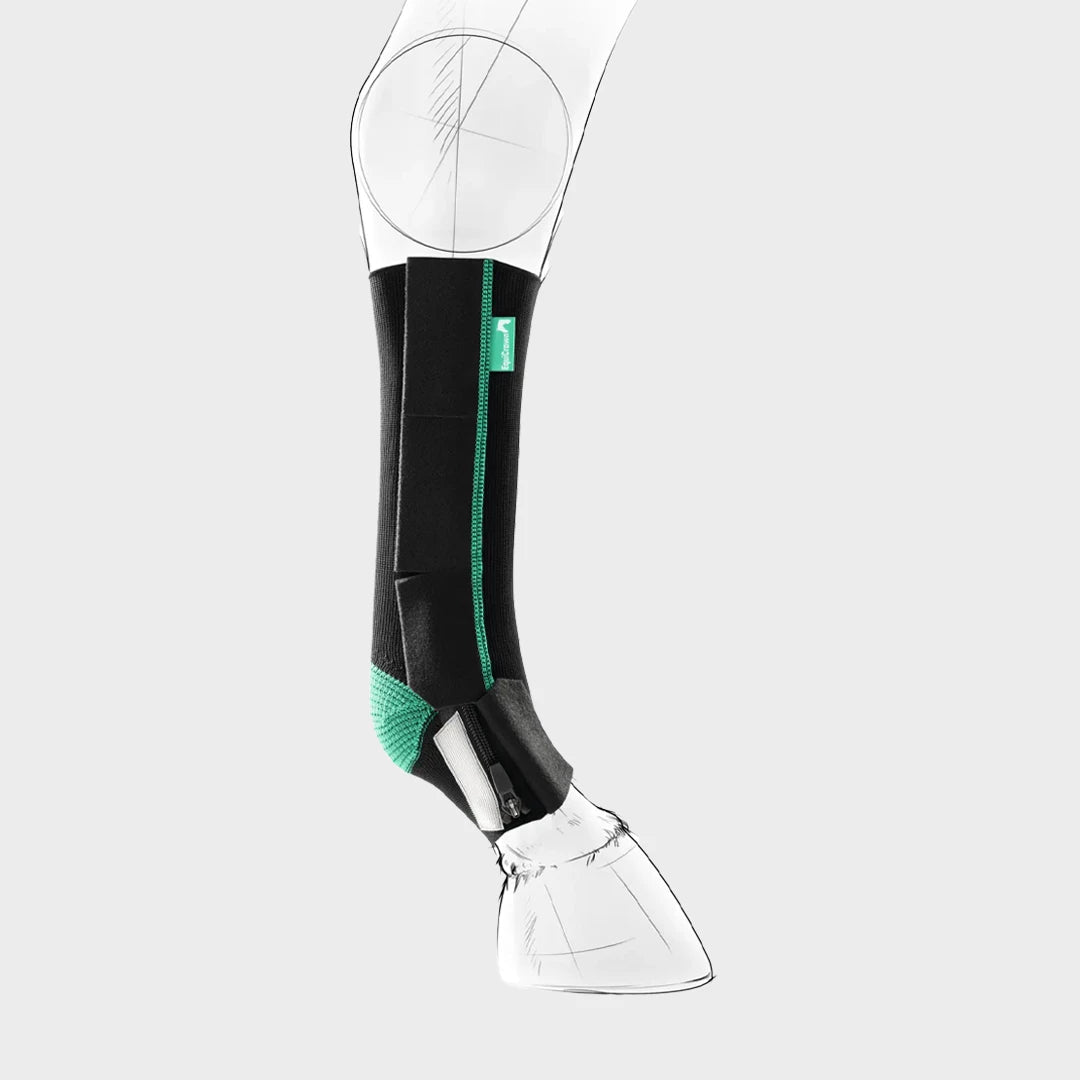 Produktbild der EquiCrown active mit einem offnen Klettverschluss und hochgeklappten Reißverschluss in grün