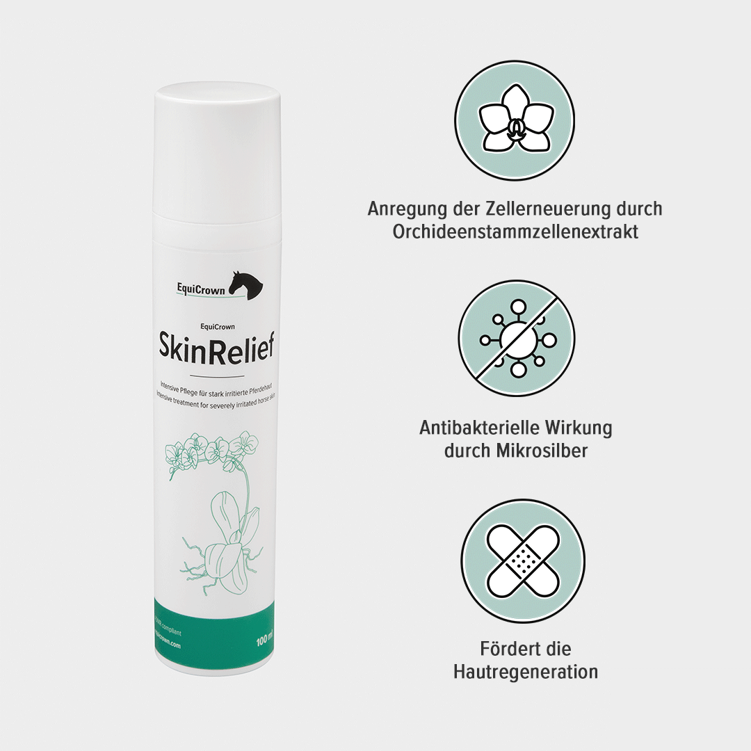 SkinRelief Verpackung auf grauem Hintergrund mit USPs